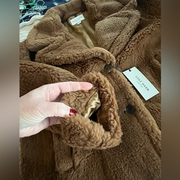 Cole Haan Signature Designer Brown Faux Fur Wool Blend Coat Size XL - Picture 8 of 16